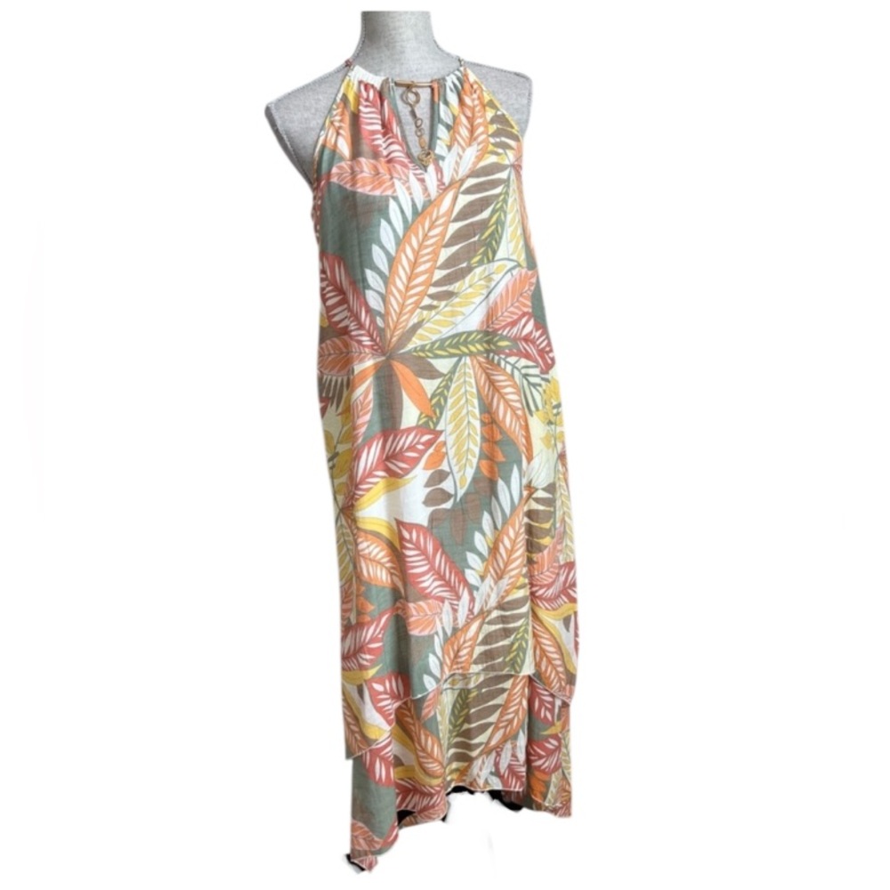 Mlle Gabrielle Hi Low Tiered Tropical Floral Jeweled Halter Midi Maxi Dress SM